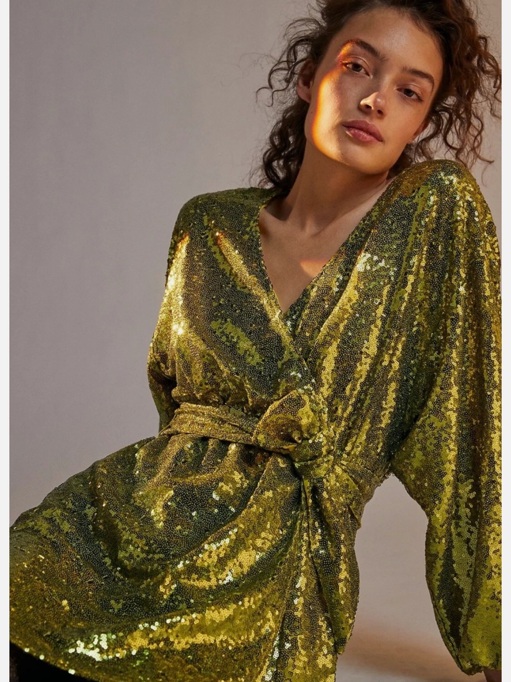 Anthropologie Olive Green Sequin Wrap dress